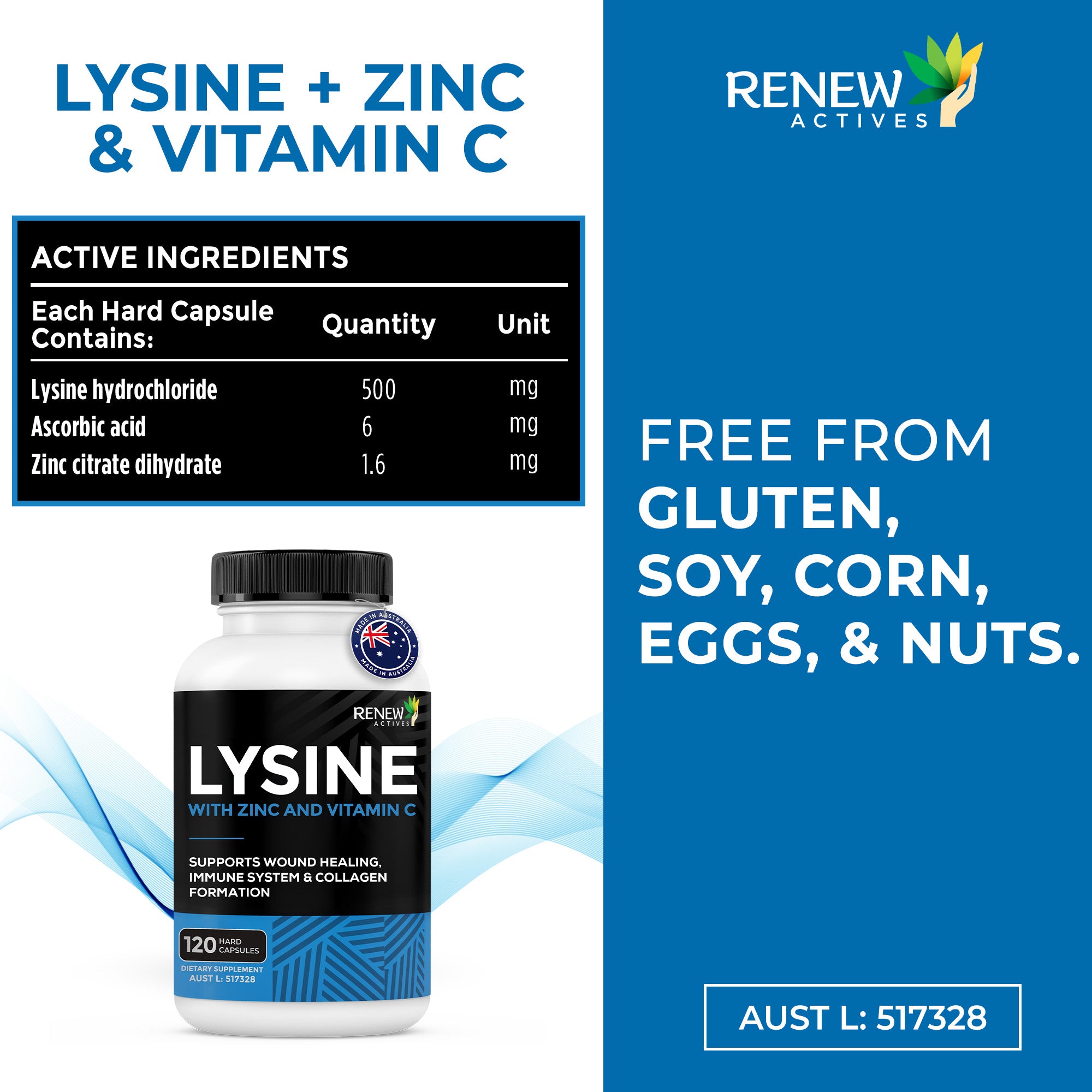 RENEW ACTIVES LYSINE With Zinc and Vitamin C 120 Hard Capsules