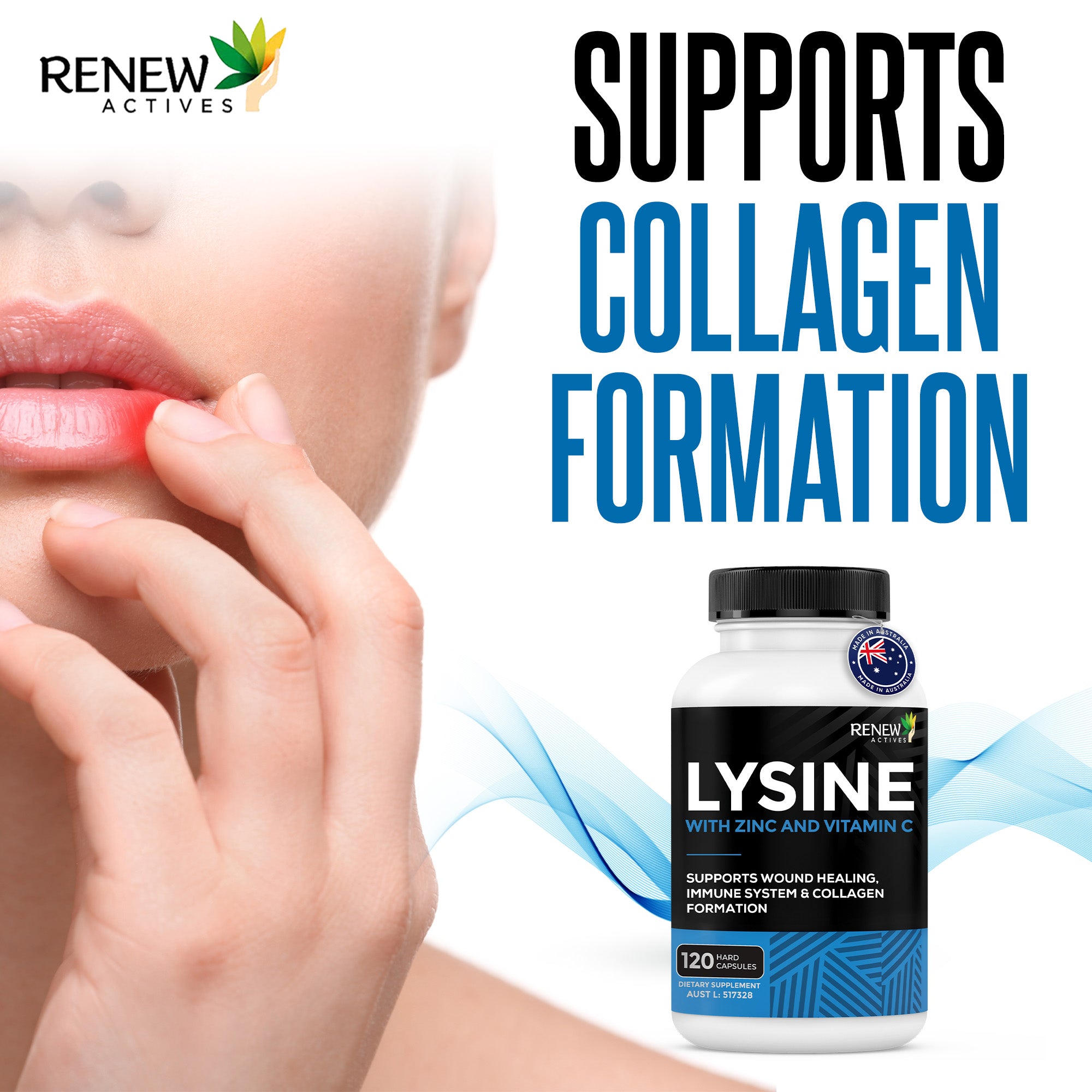RENEW ACTIVES LYSINE With Zinc and Vitamin C 120 Hard Capsules
