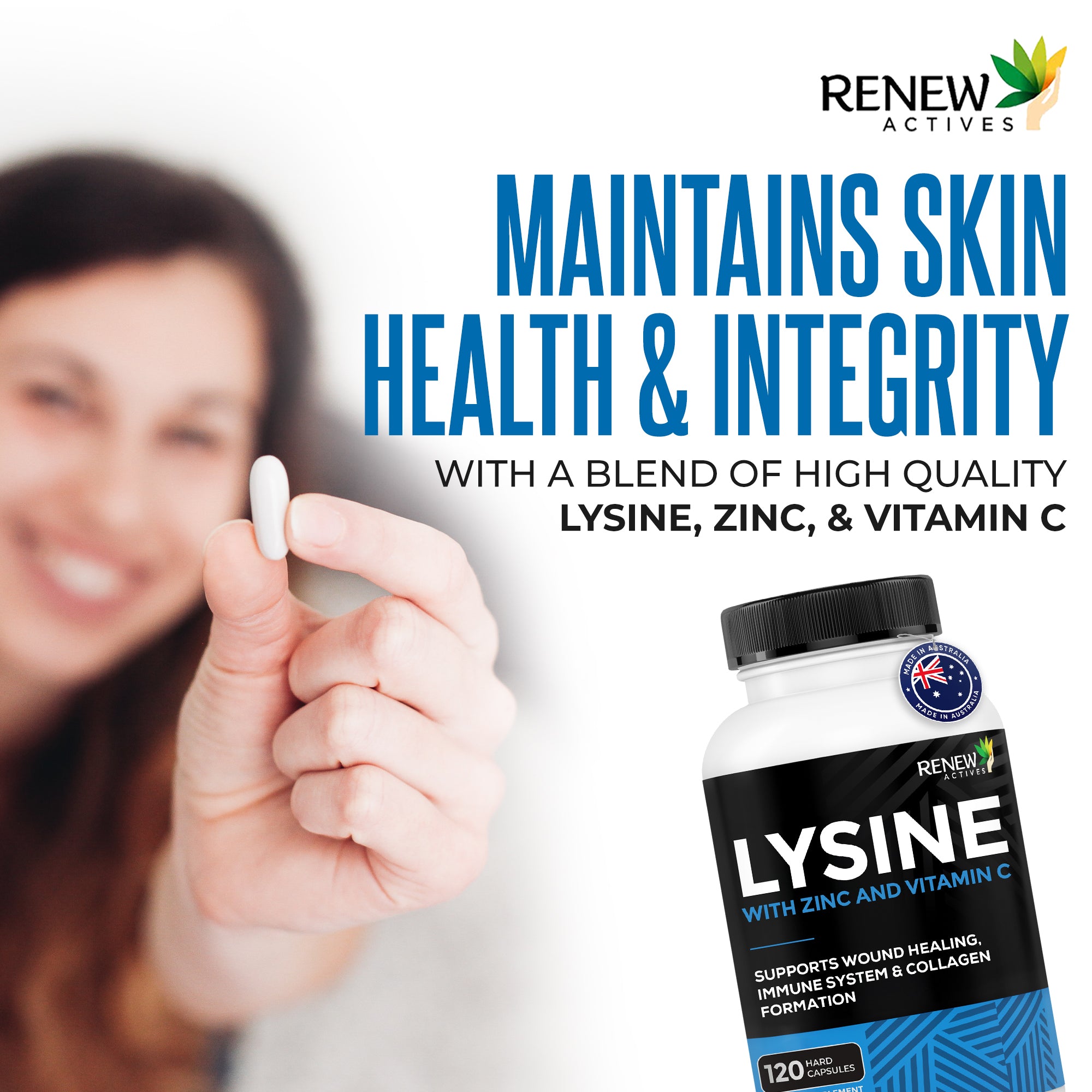 RENEW ACTIVES LYSINE With Zinc and Vitamin C 120 Hard Capsules