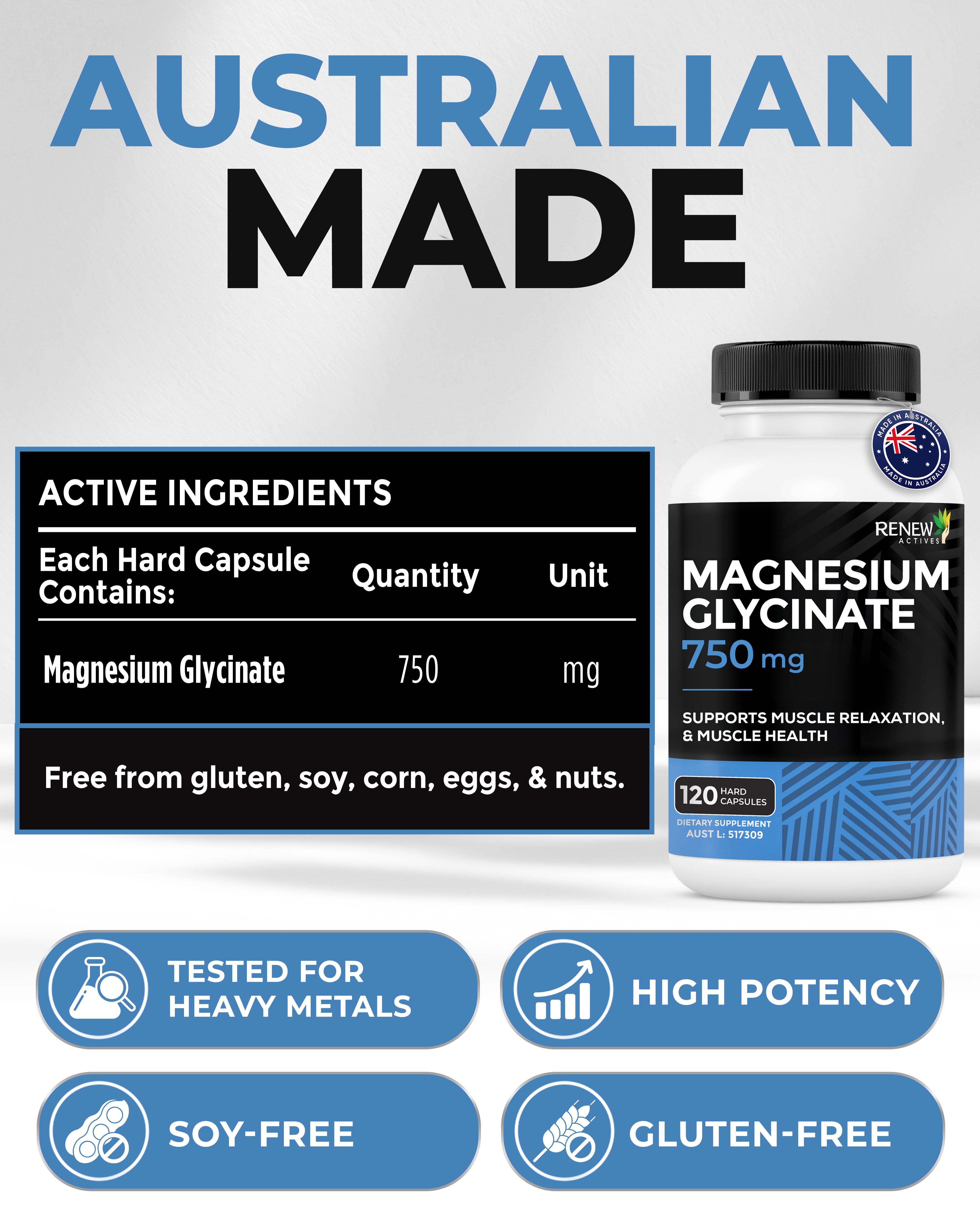 RENEW ACTIVES MAGNESIUM GLYCINATE 750 mg 120 Hard Capsules